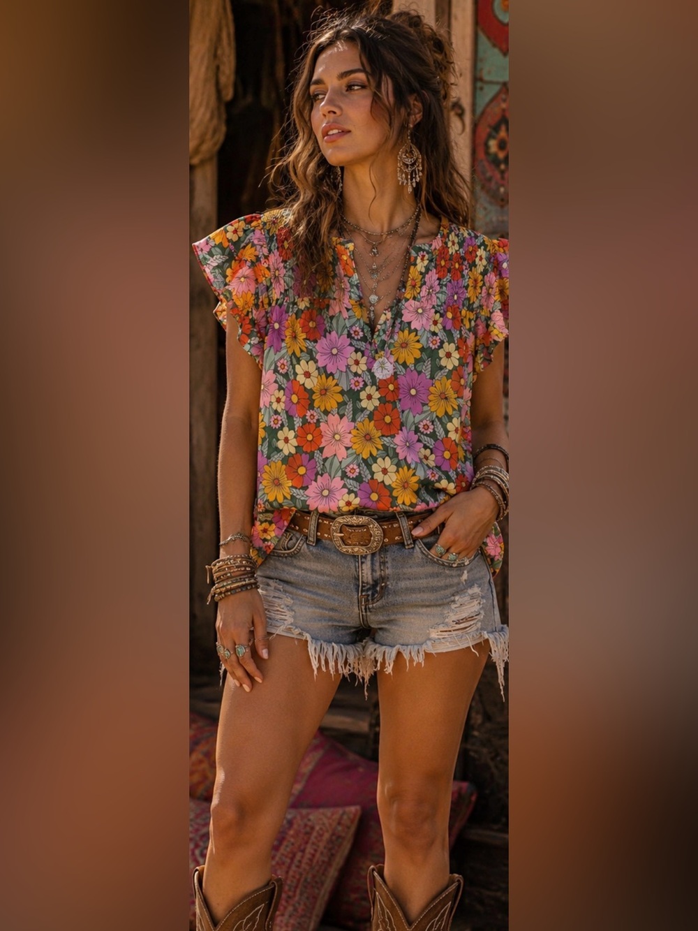 Floral V-Neck Flutter Sleeve Top - Multicolor
